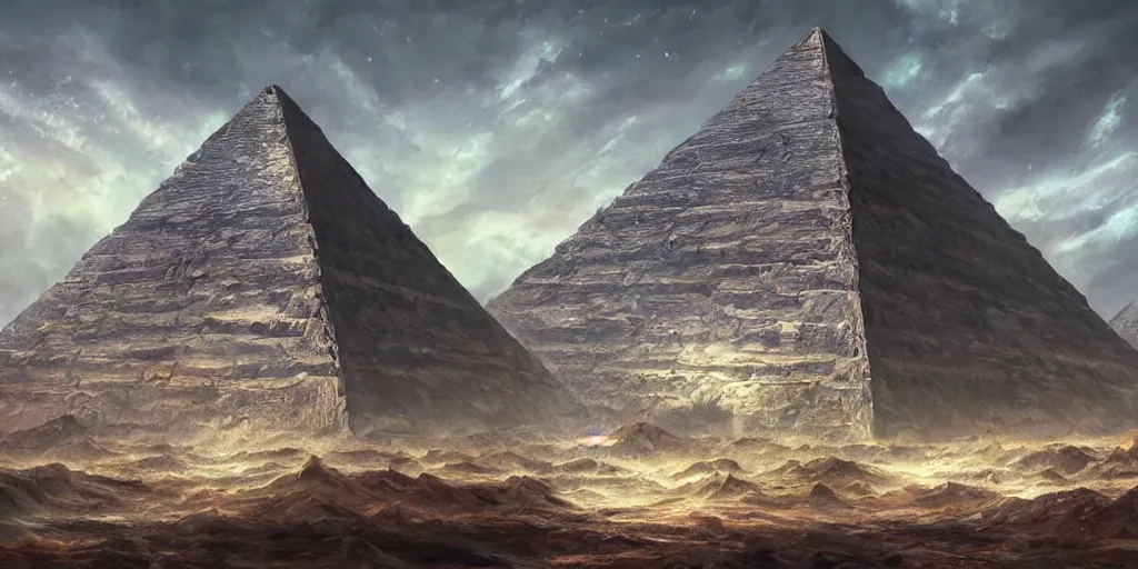 Image similar to an alien pyramid landscape , art station, landscape, concept art, illustration, highly detailed artwork cinematic, hyper realistic painting