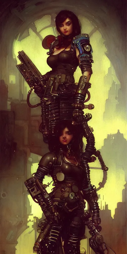 Image similar to full character portrait max mad cyberpunk warhammer 4 0 k, machinist tech girl character design, painting by gaston bussiere, katsuya terada, nc wyeth, greg rutkowski, craig mullins, vermeer, frank frazetta, mucha, tom of finland, trending on artstation, jeffery catherine jones