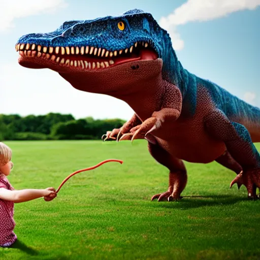 Image similar to a lady playing fetch with her pet dinosaur,