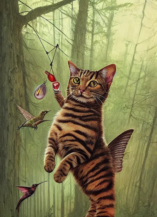 Image similar to a hyper realistic illustrated cat with playing with a hummingbird on its paw in the woods gorgeous lighting, lush forest foliage painting by chiara bautista and beksinski and norman rockwell and greg rutkowski weta studio, and lucasfilm