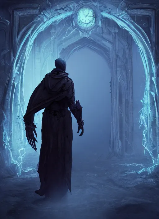 Prompt: character and environment design, ( ( biomechanical ) ) arcanist walking through a magic portal to another time tattered!!! robe and hood, blue light, fog, scary, arrogant, hostile, photorealistic, cinematic, hyper realistic, octane render, 8 k, wide angle