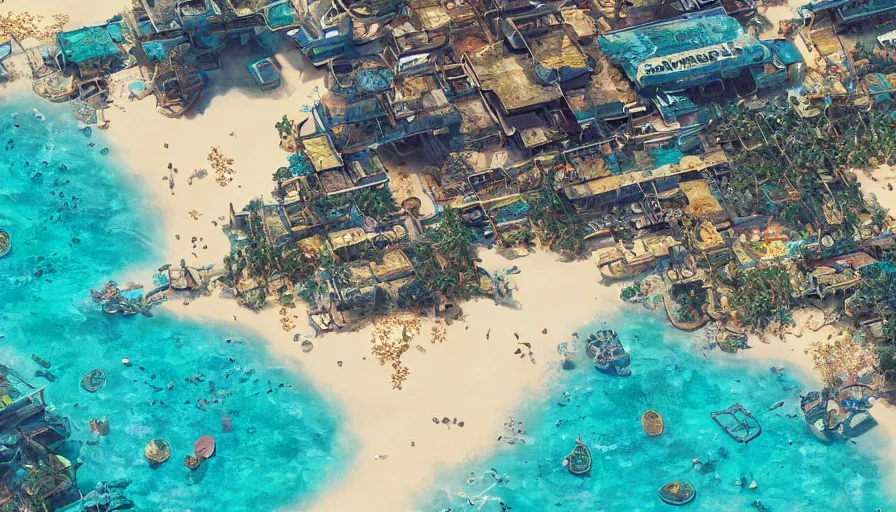 Image similar to A highly detailed matte painting of a beautiful cyberpunk dystopian beach resort beach with golden shimmering sands by Studio Ghibli, Mokoto Shinkai, by Artgerm, by beeple, volumetric lighting, octane render, 4K resolution, trending on artstation