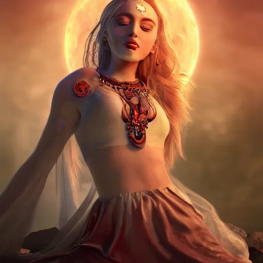 Image similar to a beautiful female goddess of the bloodmoon character, character is in all its glory, character is in her natural relaxed pose, full body shot, rim lights, particles and dust in the air, fancy clouds, highly detailed professional photo, dynamic lights, particles are flying, depth of field, trending on artstation, professional illustration, hyper realistic, vray caustics, super detailed, colorful accents, cinematic shot