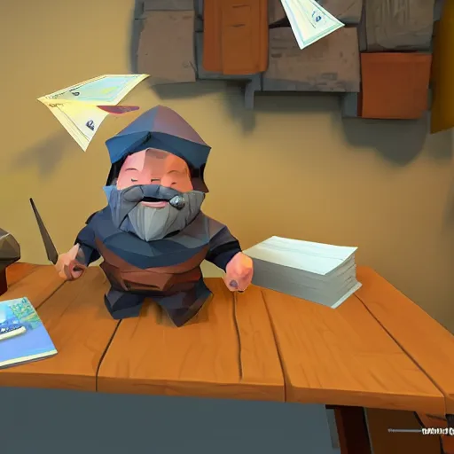 Image similar to A low poly dwarf peeking over his desk surprised at the amount of mail on the desk, deep rock galactic, video game