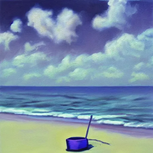 Image similar to an oil painting of a giant white styrofoam cup on the beach, the beach has purple water, surrealism