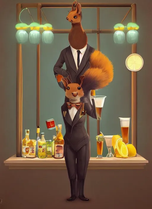 Image similar to squirrel anthro as a dapper bartender with an enormous fluffy tail, retro futurism, art deco, detailed painterly digital art by WLOP and Cory Loftis, 🐿🍸🍋, furaffinity, trending on artstation