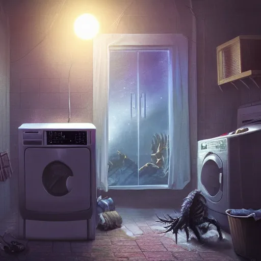 Image similar to demonic creature with giant claws crawling out of a washing machine in a laundry room, cinematic lighting, inspired by Evgeny Lushpin,George, greg rutkowski winter,nighttime,cinematic,art station