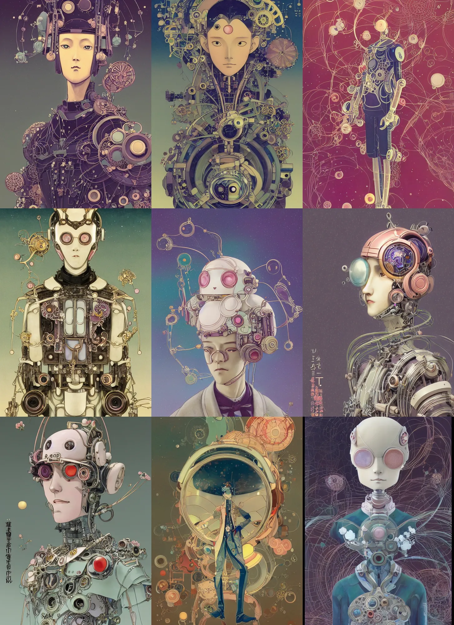 Image similar to an art nouveau kawaii gouache painting, by yoshitaka amano, by Victo Ngai, by shaun tan, by good smile company, detailed anime 3D render of an attractive male modular mechanical android, portrait, cgsociety, artstation, modular art nouveau mechanical costume and headpiece, futuristic setting bokeh depth of field