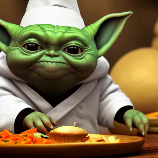 Image similar to curious mouth agape innocent tiny overweight chubby baby yoda as chef wearing white chefs hat and white apron, offering a plate of food, vegetables, photography, hyperrealism, unreal engine, octane 3 d render, houdini, unity 3 d, highres, adobe premier pro, trending on artstation, trending on deviantart