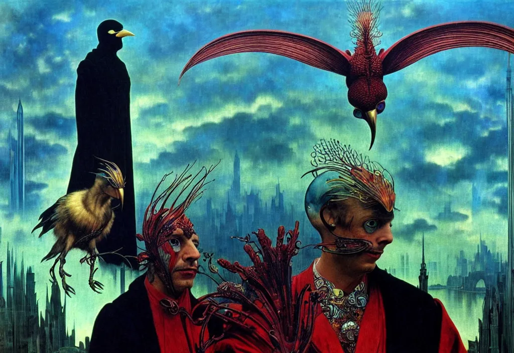 Image similar to realistic detailed portrait movie shot of a creaming birdman wearing black robes, sci fi city landscape background by denis villeneuve, amano, yves tanguy, alphonse mucha, ernst haeckel, max ernst, roger dean, masterpiece, rich moody colours, blue eyes