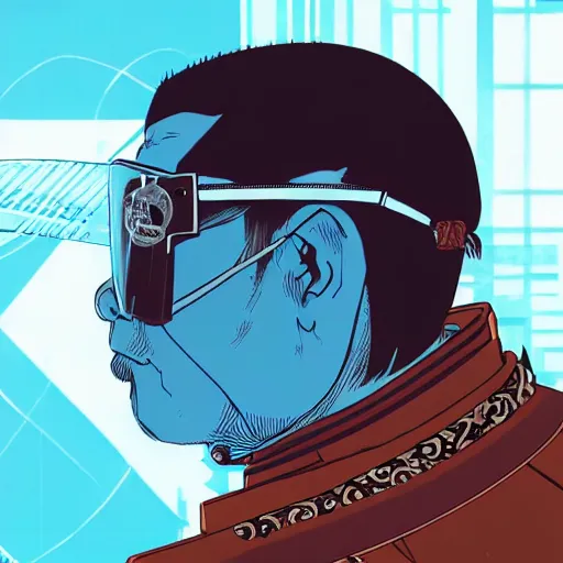 Prompt: a powerful japanese samurai wearing a x - ray goggles, detailed face, highly detailed, face symmetry, character concept portrait by moebius and laurie greasley, colorful, profile picture, 8 k, cinematic color grading