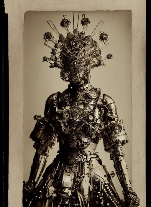 Image similar to old wetplate daguerreotype frame portrait of a futuristic silver armored geisha district 9 cyborg, parallax, fractal, intricate, elegant, highly detailed, subsurface scattering, by jheronimus bosch and greg rutkowski and louis jacques mande daguerre