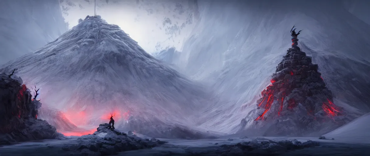 Image similar to digital painting of a frozen ice covered volcano, style sekiro, concept art, high angle, high detail, cold lighting, dark, vivid, beautiful, trending on artstation, by Jordan grimmer, no focus, huge scene, terrain visible