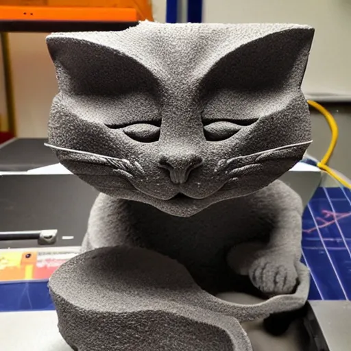 Prompt: a 3 d printer mid print, printing a real cat