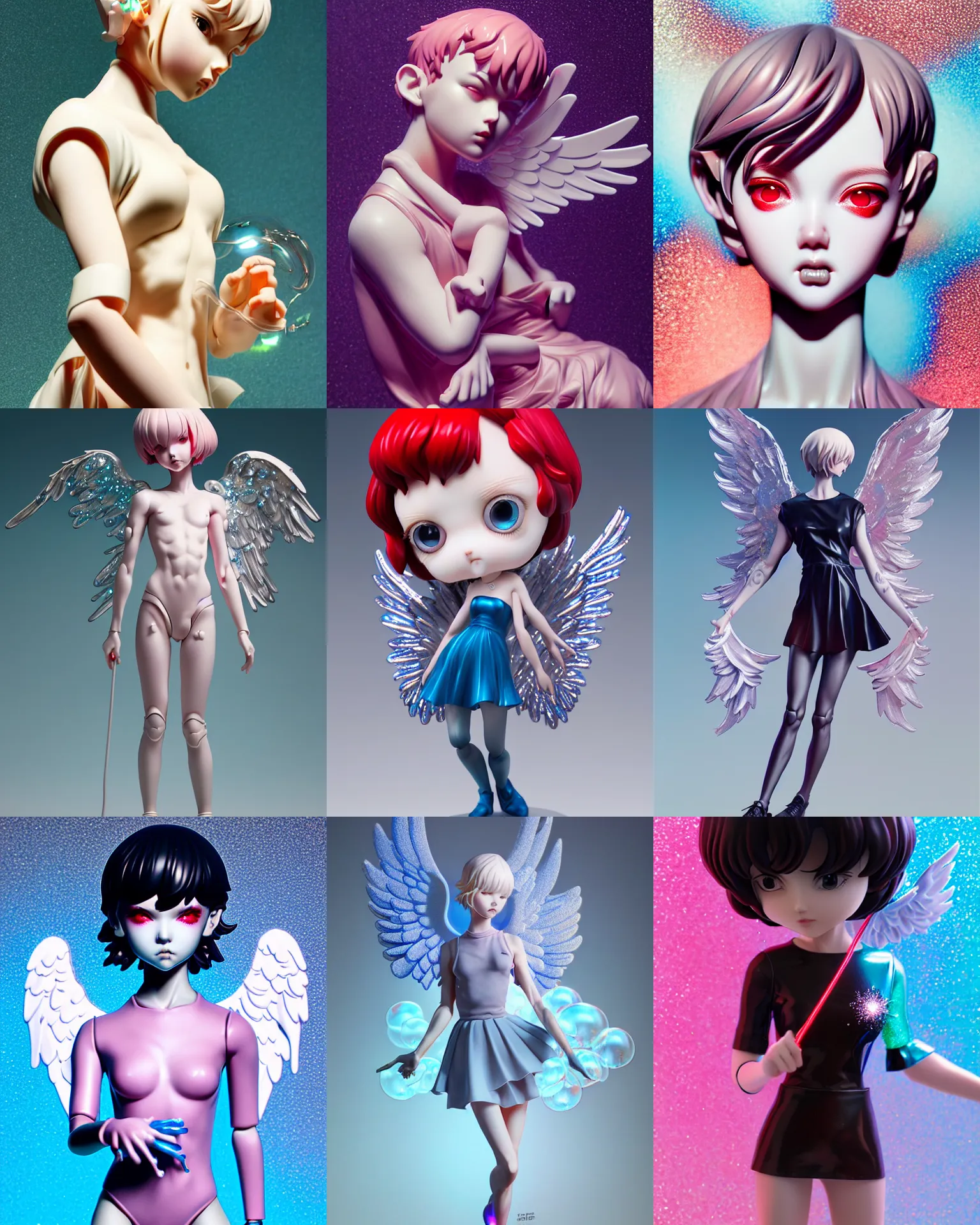 Prompt: james jean, wlop, ilya kuvshinov isolated vinyl figure angel boy bubbles, expert figure photography, dynamic pose, interesting color palette material effects, glitter accents on figure, anime stylized, accurate proportions artgerm realism, high delicate defined details, holographic undertones, ethereal lighting, editorial awarded