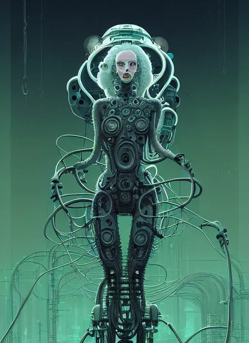 Image similar to highly detailed portrait of a biopunk long curly white hair tribal lady, stray wiring by atey ghailan, james gilleard, by joe fenton, by greg rutkowski, by greg tocchini, by kaethe butcher, 4 k resolution, gradient green, black and white color scheme!!! ( ( irradiated robotic mountain landscape background ) )