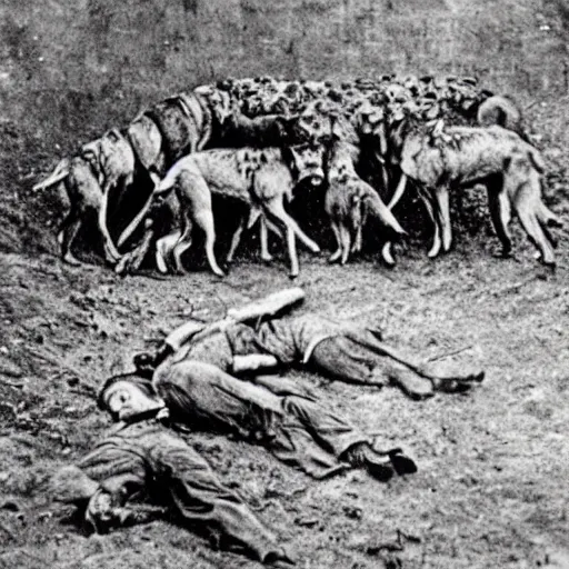 Prompt: WW1 trench with wolves attacking injured soldiers 1900s, horror photography