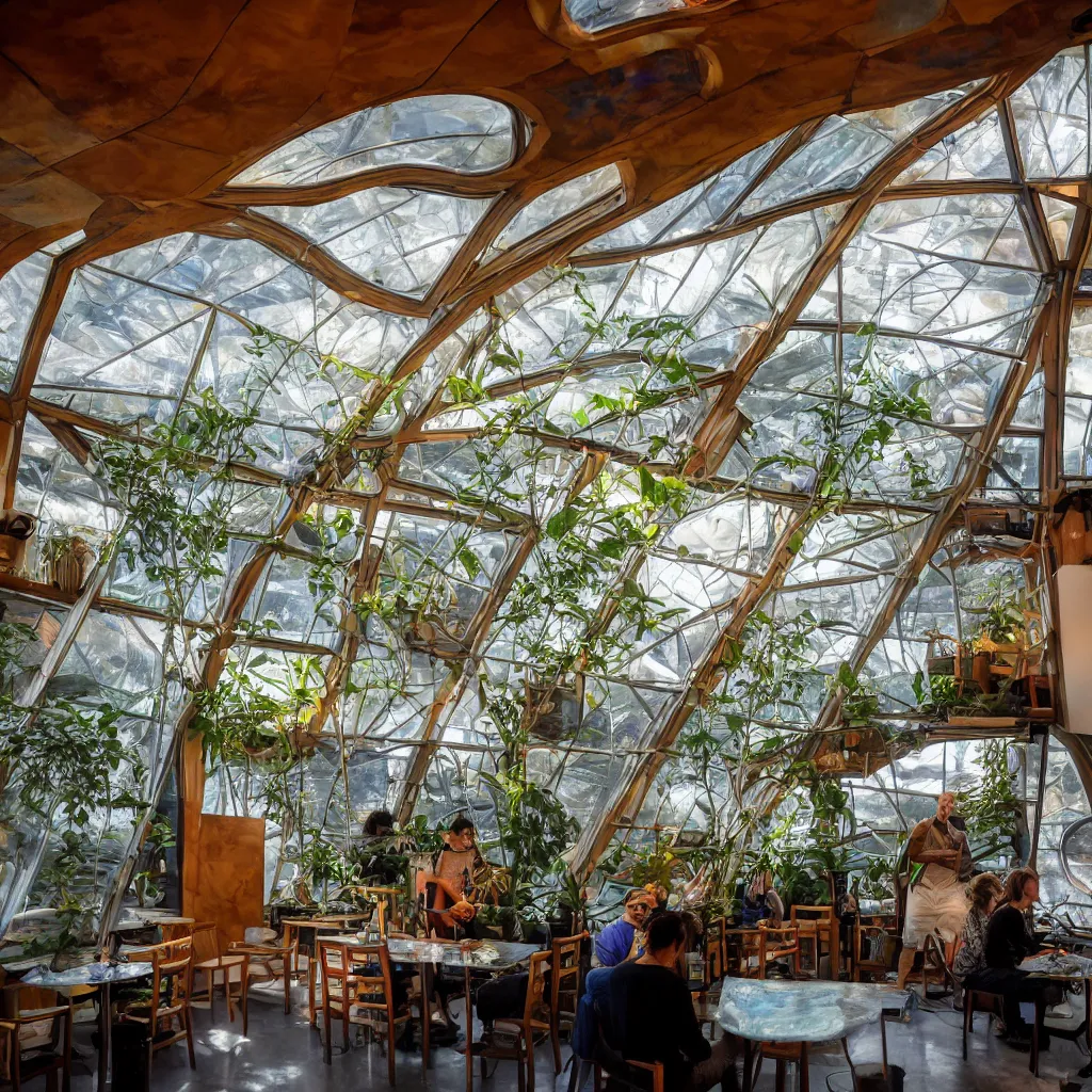 Image similar to inside luxurious earthship cafe with sunken lounge and indoor garden with skylights, friendly barista, and artist painting an alex grey mural on the wall, clean and simple composition, golden ratio, rule of thirds, XF IQ4, 150MP, 50mm, F1.4, ISO 200, 1/160s, dawn