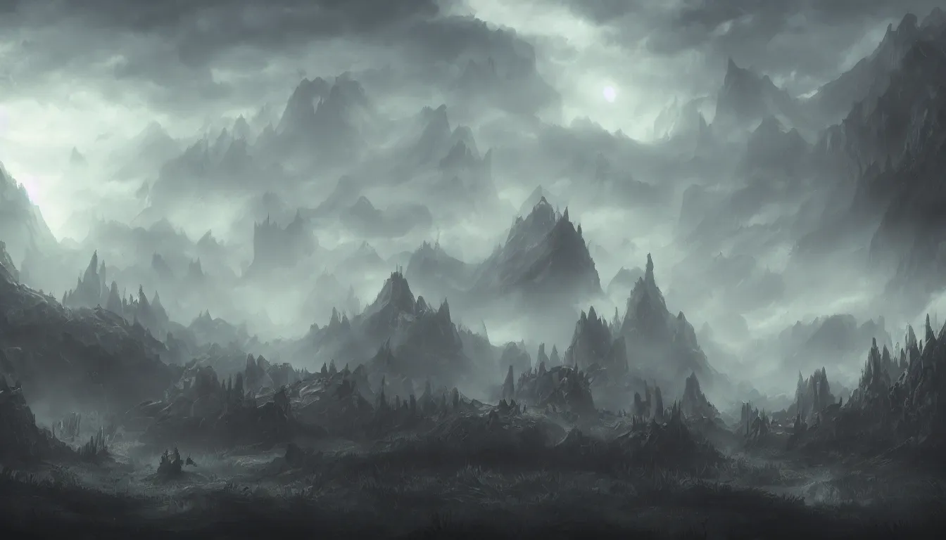 Prompt: dark fantasy world, roaming monsters, dimly lit sky, vast landscape, artstation, concept art, by keika okada
