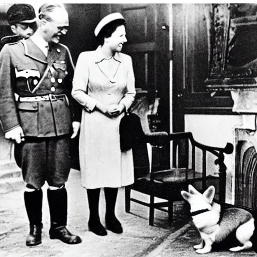 Prompt: 5 0 mm 1 9 4 6 historical photo, of a single german general and a young queen elizabeth signing a peace treaty, a cute corgi watches from above, french village interior, highly detailed, sharp focus, symmetrical face