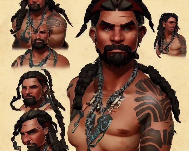 Image similar to sea of thieves character portrait concept art for a muscular tribal native man with polynesian tattoos on his face and a nose ring, cgsociety, trending on artstation, rare ltd,