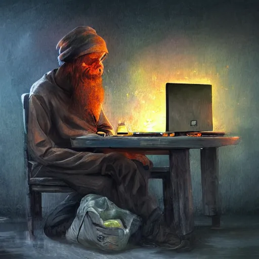 Image similar to homeless man gaming on a PC, expressive oil painting, digital art, matte art, gaming pc