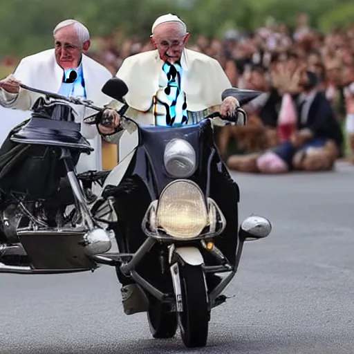 Image similar to pope francis doing a wheelie on a motorcycle with one hand and behind him muhammad