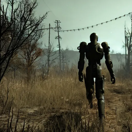 Image similar to Fallout 4 gameplay screenshot, wasteland, Slender Man in the background