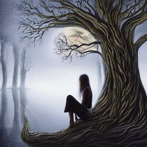 Image similar to an ultra detailed painting of a girl in a silver dress sitting in a gigantic ancient tree next to a pond at night, surrounded by a towering dark forest, the moon can be glimpsed through the trees and is veiled by fog, fog obscures the background, midnight, dark fantasy, fantasy forest, spooky forest, highly realistic, realistic painting