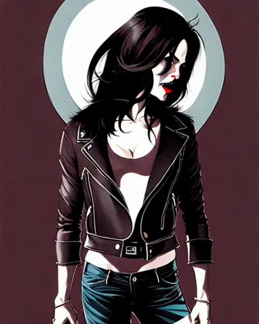 Image similar to rafael albuquerque comic art, peter mohrbacher, phil noto, steve niles, artgerm, pretty willa holland vampire sharp vampire teeth open mouth, symmetrical eyes, black leather jacket, jeans, long black hair