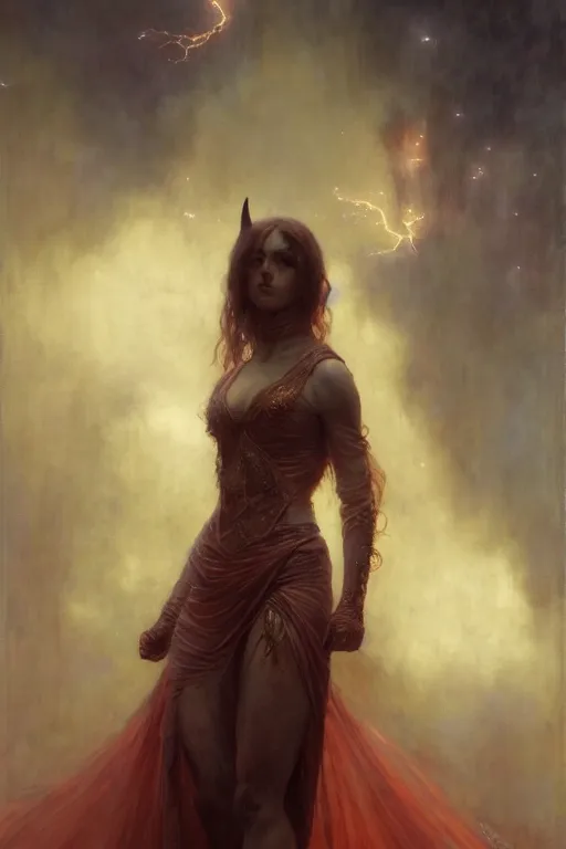 Image similar to a full body portrait of a demon girl wearing gown, high detail, cleary see face, by gaston bussiere, bayard wu, greg rutkowski, odd nerdrum, maxim verehin, realism, dan dos santos, masterpiece, sharp focus, cinematic lightning