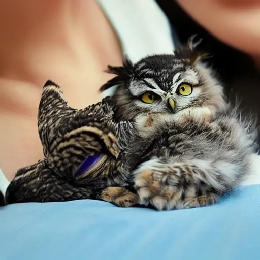 Prompt: owl cuddling small kitten, high quality photo