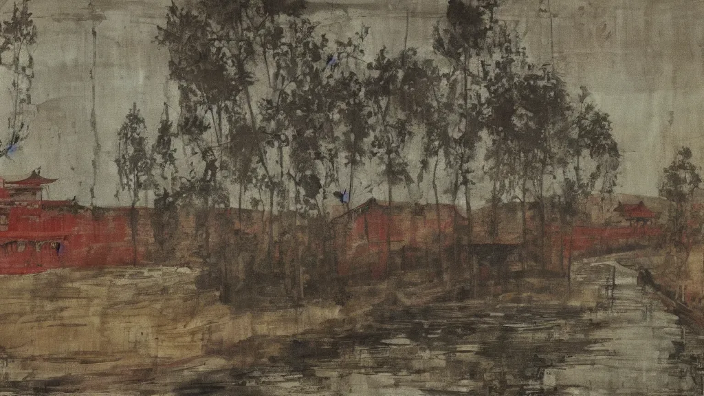 Image similar to a chinese prison near a river by peter doig, muted colors