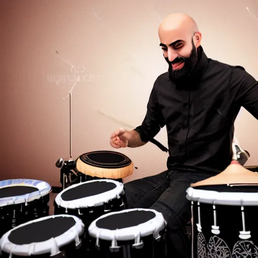 Image similar to bald arab guy with a beard playing on a professional drum kit, extremely detailed, realistic, soft lighting