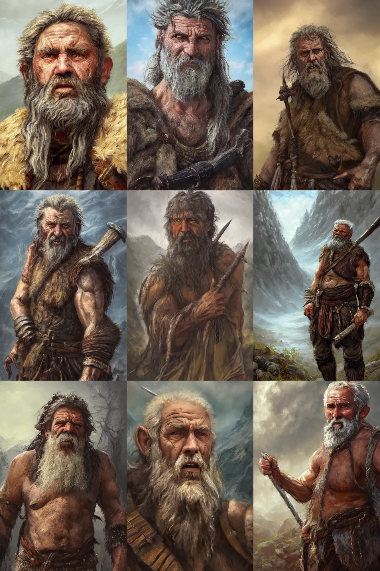 Prompt: a full body high detail fantasy portrait oil painting illustration of a single old rugged stoic barbarian man by Justin Sweet with face and body clearly visible, in a scenic background, pupils visible, realistic proportions, d&d, rpg, forgotten realms, artstation trending, high quality, sombre mood, artstation trending, muted colours, no crop, entire person visible!, natural light, Adobe Photoshop, Adobe Lightroom, photolab, Affinity Photo,