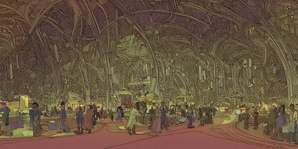 Image similar to cel shaded matte illustration of the the interior of a scifi space station with ornate elven architecture bustling with people, emerald, crystalline, detailed illustration, sharp focus, crisp lines, art by moebius, jean giraud moebius comic illustration