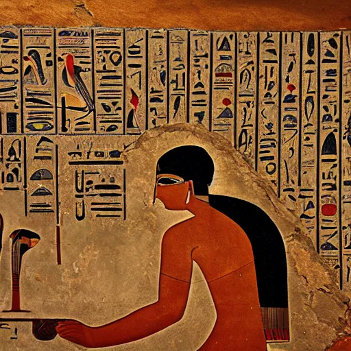Prompt: a man using a computer, artwork by ancient egyptian mural, tomb, fresco, register, hieroglyphics.