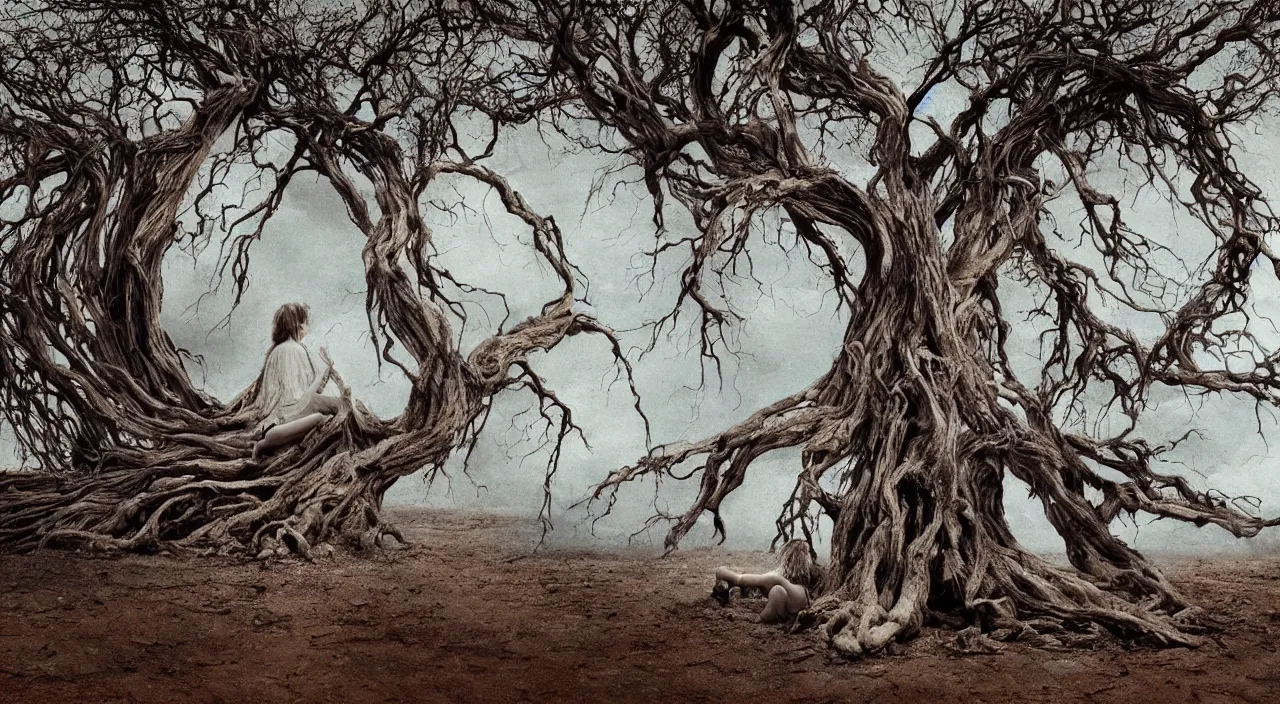 Prompt: 65-year-old Gaia tree-goddess crying one emotionless tear, facing the camera and sitting on a dried up river in a desolate land, blue sky, hot and sunny, highly-detailed, elegant, dramatic lighting, artstation, 4k, cinematic landscape, photograph by Elizabeth Gadd