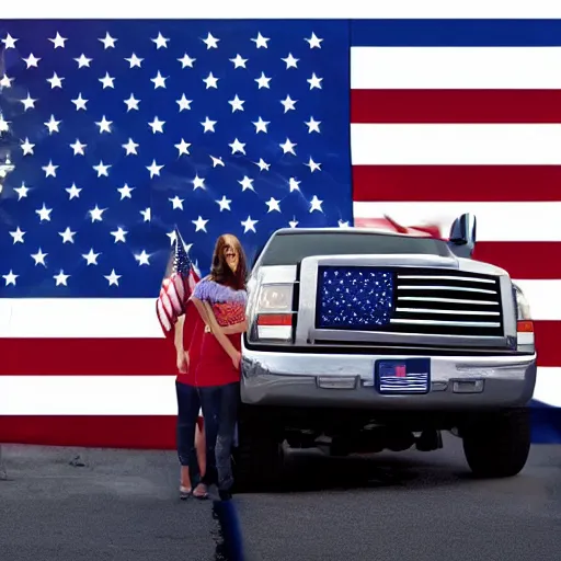 Image similar to pgoto of biden pickup trucks with american flags, there are very attractive woman in the back of the truck.