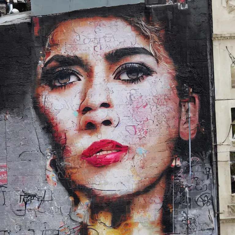 Prompt: Detailed street-art portrait of Shakira Isabel Mebarak Ripoll in style of Banksy