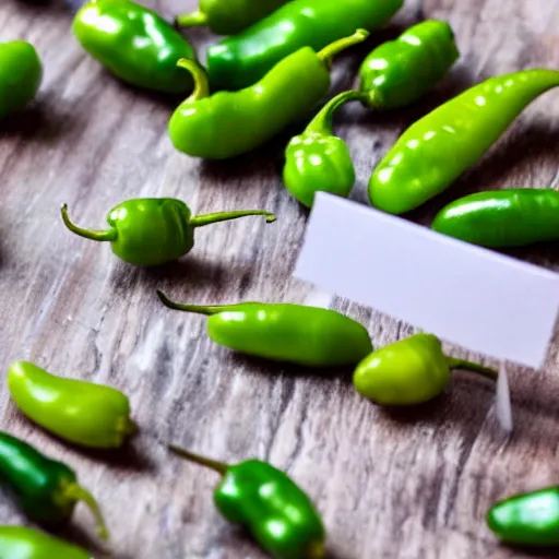 Image similar to A bunch of Tiny jalapenos peppers with tiny legs and arms carrying big white signs protesting on a countertop