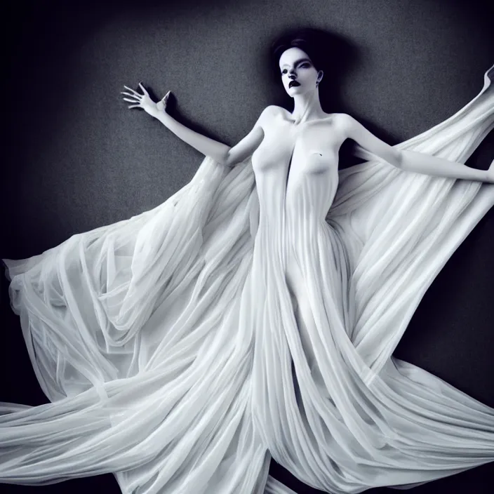 Image similar to portrait of a beautiful woman like a fallen angel, total body dressed in long elegant intricate ornamental white dress, smooth, sharp focus, fine art photography by Giovanni Gastel, professional studio lighting, volumetric lighting, dark colors , hyper realistic photography , in style of Vogue Fashion magazine