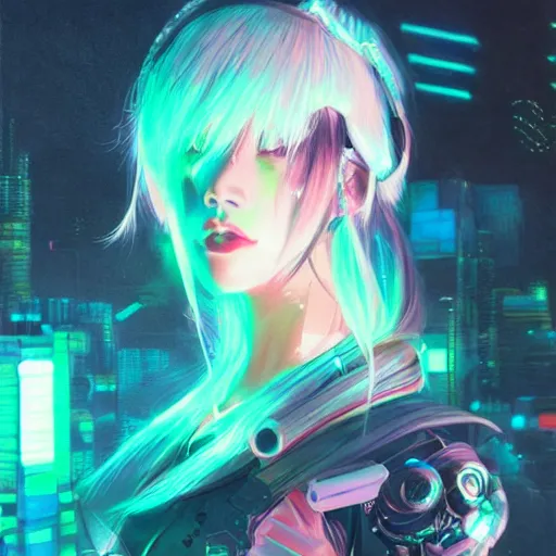 Prompt: cyberpunk japanesse girl with neon lights, with techware, intricate, elegant, highly detailed, digital painting, japanese, unreal engine 5, trending on artstation, concept art, studio ghibli, illustration, art by artgerm and greg rutkowski and alphonse mucha
