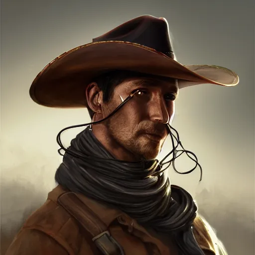 Prompt: a portrait of a robot with a cowboy hat on with an American flag scarf, D&D, sci-fi, elegant, hopeful, muscular, highly detailed, digital painting, artstation, concept art, smooth, sharp focus, illustration