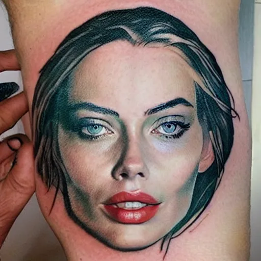 Image similar to face morph tattoo design sketch of beautiful mountain scenery blend in margot robbie face, in the style of matteo pasqualin, amazing detail