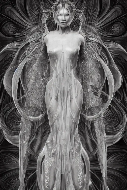 Image similar to a realistic moody photo of a beautiful ancient alien woman goddess kate moss angel standing in iris van herpen dress jewelery and fractals in style of alphonse mucha art nuvo dmt trending on artstation made in unreal engine 4