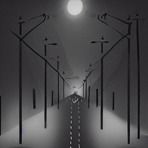 Prompt: A dark street with streetlights lighting it, a monster seems to be watching you from the darkness