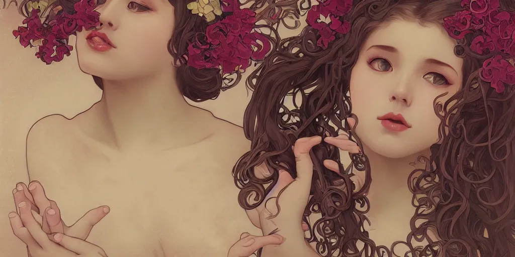Image similar to a portrait of a very seductive young woman, hair full of gigantic flowers and octopus tentacles, photoillustration, realistic, closeup, facing the camera, dark, dramatic lighting, in the style of WLOP and Alphonse Mucha and Kim Deuk-sin