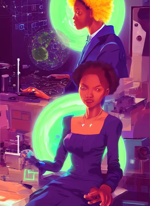 Prompt: afro - futurist scientist, computers and holograms, hacking the metaverse | hyperrealistic oil painting | by makoto shinkai, ilya kuvshinov, lois van baarle, rossdraws, basquiat | afrofuturism, in the style of hearthstone, trending on artstation | dark color scheme