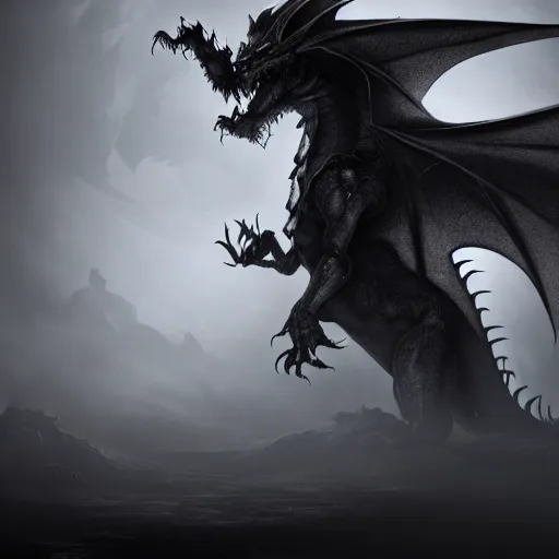 Image similar to a highly detailed horrific shot of a ghostly western dragon that's fading into black fog and deep dark obscure shadow, wings are clouds of darkness, creating an ominous presence, artstation, deviantart, dark lighting, unreal engine 5 render